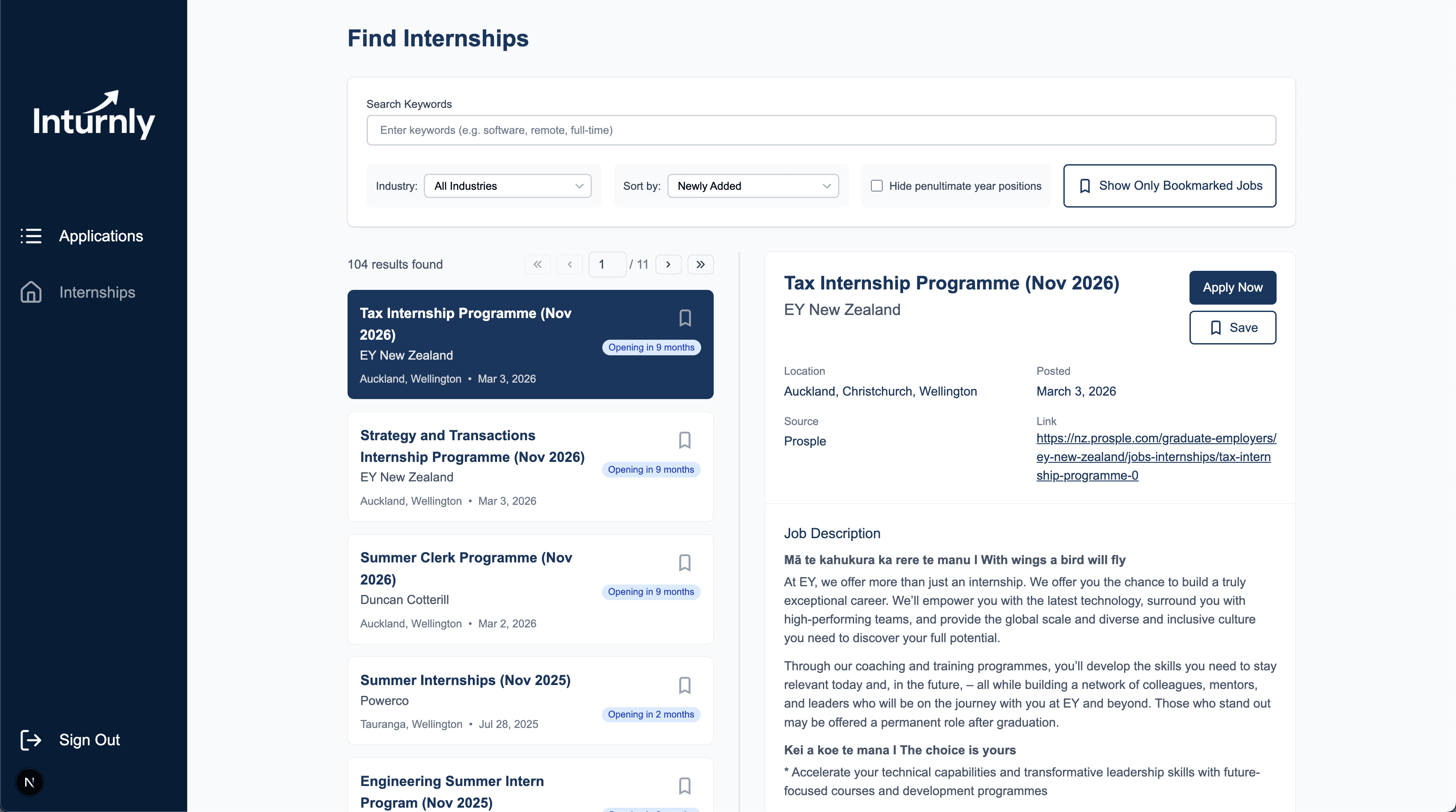 Internship search interface showing filters and results